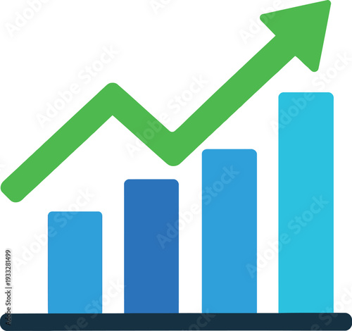 Blue and green graph with arrow green arrow blue bars white background business