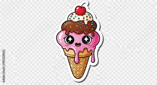 Cartoon pink ice cream cone with chocolate and whipped cream toppings on transparent background