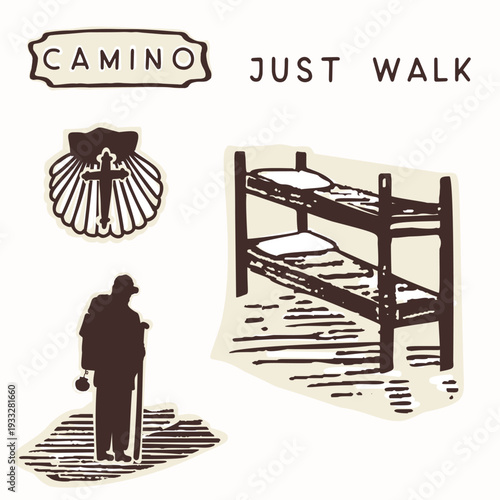 Hand drawn walker camino icon set with pilgrim at refugio aubergue pitstop . Scallop shell for st james way europe pilgrimage symbol collection. Isolated sticker element for hostel bunk bed stay. 