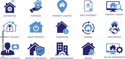 Property Management and Real Estate solid icon set. Includes symbols for Tenant Screening, Smart Home, Property Optimization, and Listing. Solid vector icons for rent and lease.