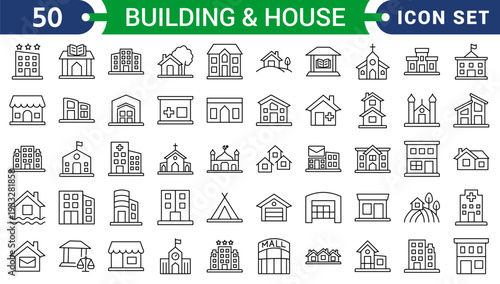 Building and house icon set. Containing house, office, bank, school, hotel, shop, university and hospital icons. Solid icon collection. Vector illustration