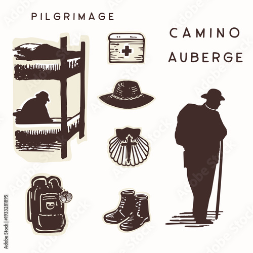 Hand drawn camino icon set with backpack, pilgrim at refugio aubergue pitstop . Scallop shell for st james way european pilgrimage symbol collection. Isolated sticker element for hostel bunk bed stay