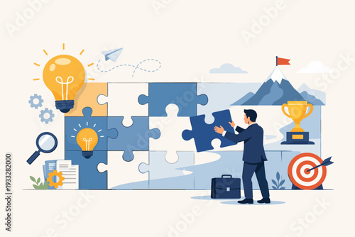 Businessman completing a jigsaw puzzle for business solutions and problem solving process, featuring lightbulb ideas, trophy for success, target for goals, and mountain peak for achievement.