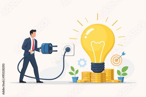 Businessman Plugging in a Light Bulb on Stacks of Gold Coins, Representing Investment in New Business Ideas, Startup Development, Innovation, Financial Growth, and Creative Project Success.
