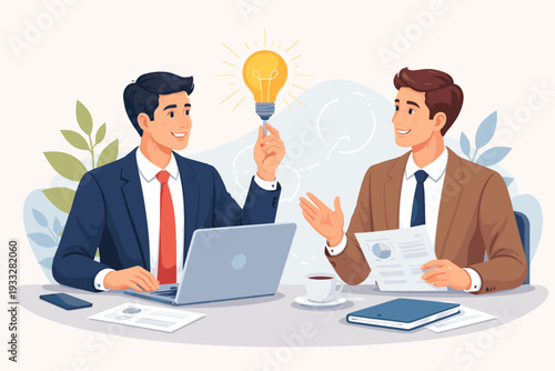 Two Professional Businessmen Collaborating in a Modern Office, One Holding a Glowing Lightbulb Symbolizing a Creative Idea or Innovation During a Successful Meeting with Laptop and Documents.