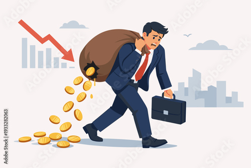 Sad businessman carrying a heavy sack of gold coins with a hole leaking money, financial loss concept, economic crisis, stock market crash, bankruptcy, debt, and investment failure illustration.