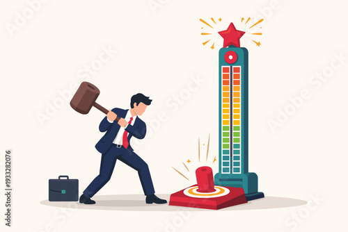 Businessman hitting a high striker strength tester machine with a large mallet to reach the top star, symbolizing business success, achievement, career goals, motivation, and professional power.