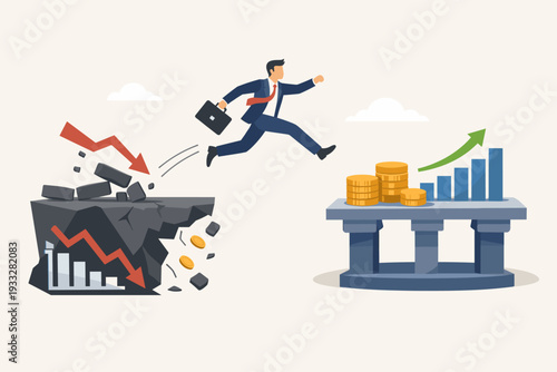 Businessman jumping from a collapsing rock with a falling market graph to a stable pillar platform with growth charts and gold coins, symbolizing economic recovery, risk management and success.