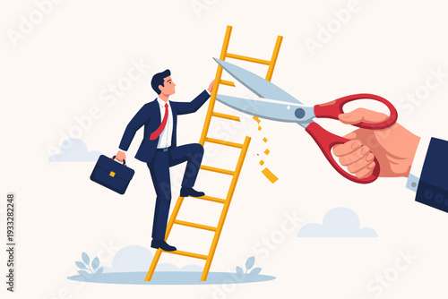 Determined Businessman Climbing Career Ladder While Giant Hand Cuts the Way with Scissors, Concept of Eliminating Business Rivals, Corporate Sabotage, Competition, and Overcoming Obstacles.