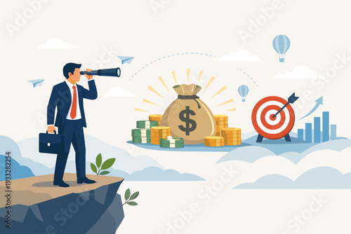 Businessman standing on a cliff using a telescope to find money bag and investment opportunities. Concept of financial vision, business strategy, targeting wealth, success, and profit growth.