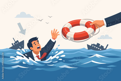 Businessman Drowning in the Ocean After Shipwreck Receiving a Lifebuoy from a Helping Hand, Concept of Business Survival, Financial Support, Crisis Management, and Economic Rescue Vector Art.