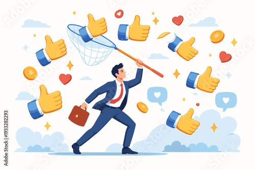 Businessman in a suit catching thumbs up and heart icons with a butterfly net, representing social media engagement, online reputation management, digital marketing success, and public approval.