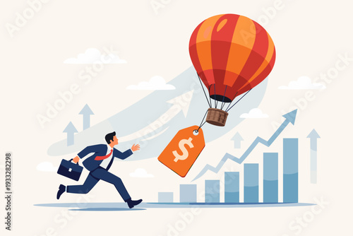 Businessman in suit running to catch a hot air balloon with a dollar price tag, representing inflation, rising prices, overvalued stocks, financial crisis, and economic growth with bar charts.