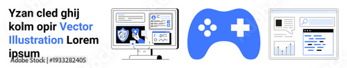 Data protection, online gaming, analytics, cybersecurity, digital interaction, modern technology. Icons of shield on desktop, game controller and analytics screen. Data protection and online gaming