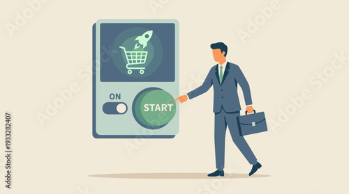Businessman Pressing Start Button to Launch a New Online Shop or Startup Company Concept with Rocket and Shopping Cart Icon, Entrepreneur Starting E-commerce Business Venture Illustration