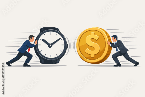 Businessmen pushing a giant wristwatch and a gold coin against each other, symbolizing the time is money concept, competition, financial pressure, productivity, and economic struggle.