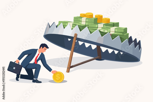 Businessman reaching for a gold coin on the floor with a giant money trap filled with cash and coins hanging above him, concept of financial risk, greed, bait, and dangerous investment trap.
