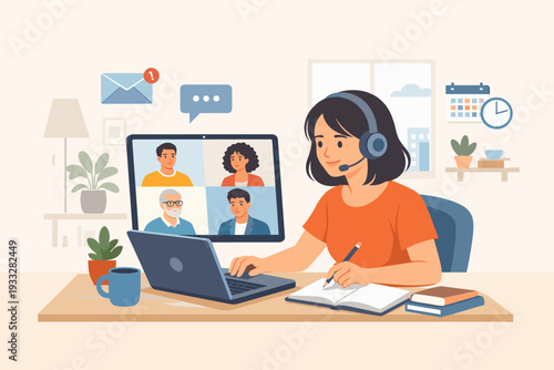 Woman wearing headset participating in a video conference on her laptop while working from home. Online meeting with diverse colleagues, remote work concept, taking notes. Flat vector design.