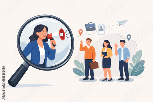 Female Employer in Magnifying Glass Shouting in Megaphone to Recruit New Employees for Job Vacancy. Human Resources Recruitment Concept with Professional Candidates and Talent Acquisition Icons.