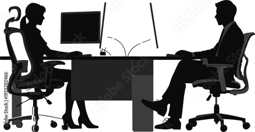 Businessman and businesswoman silhouettes working at computers across desk, depicting modern office workspace, corporate communication, remote collaboration, and professional meeting concept