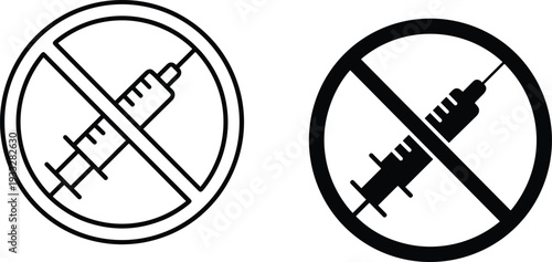 No syringe injection prohibition icon set medical ban symbol outline and solid style healthcare warning vaccination restriction vector illustration design