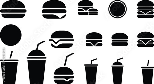 Creative black and white icons representing various food and drink items Vector, illustration
