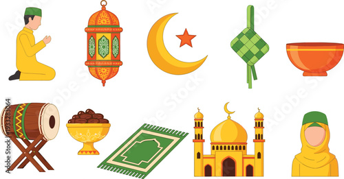 Flat vector illustration set of Islamic religious symbols including mosque, prayer rug, lantern, crescent moon, star, dates, and people praying isolated on white.