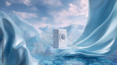 Wallpaper Mural White front loader on ice floe, swirling blue water, fabric like ice, cloudy sky. Icebergs, peaks in bg. Cool, crisp aesthetic. Blue/white tones. Design render, not. Torontodigital.ca