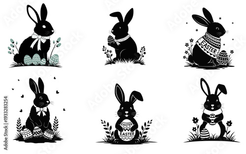 Easter Bunny Silhouette Set with Eggs and Flowers Isolated on White Background.