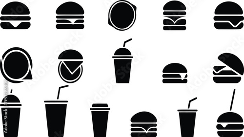 Assorted black and white icons of fast food and beverages Vector, illustration