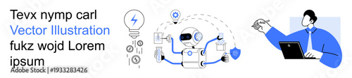 Artificial intelligence, technology, communication, innovation, programming, robotics. A human pointing at a tablet and a robot surrounded by icons. Artificial intelligence and technology concept