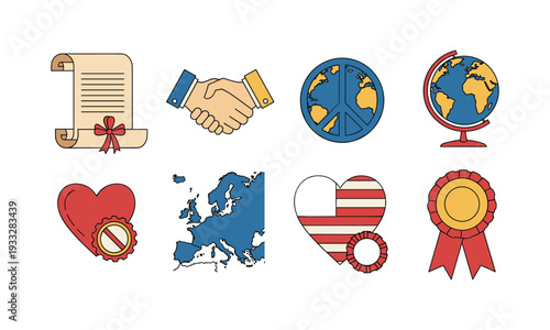 Icons representing diplomacy peace and international cooperation