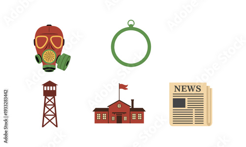 Illustrative icons depicting a gas mask building flag and news report