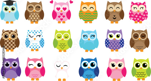 Collection of cute colorful owl characters with various patterns and expressions including graduation cap heart eyes and sleepy faces for nursery decor and stickers.