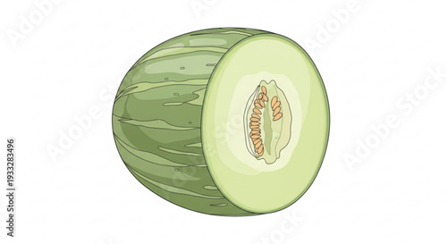 Green melon cut in half showing seeds and flesh on white background