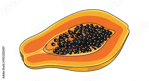 Vibrant papaya fruit cut open revealing black seeds inside orange and yellow hues on a white background digital illustration style