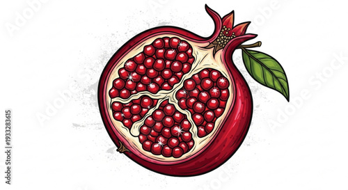 Vibrant red pomegranate fruit cut open revealing juicy seeds and green leaf against white background