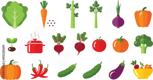 Fresh organic vegetable icon set featuring carrot lettuce broccoli pumpkin tomato eggplant chili pepper onion radish bell pepper and cooking pots for healthy food design.