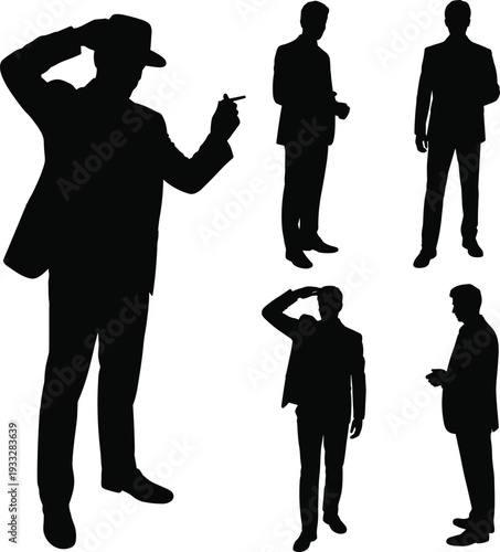 Collection of businessman silhouettes smoking cigarette and standing in different poses isolated on white background corporate lifestyle and habit concept illustration