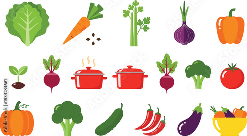 Fresh vegetable icon set with carrot lettuce broccoli pumpkin tomato eggplant chili pepper onion radish bell pepper and cooking pots for healthy food design.