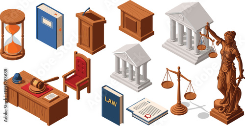 Isometric law and justice icon set with lady justice statue judge gavel scales of justice courthouse building law books hourglass and witness podium.