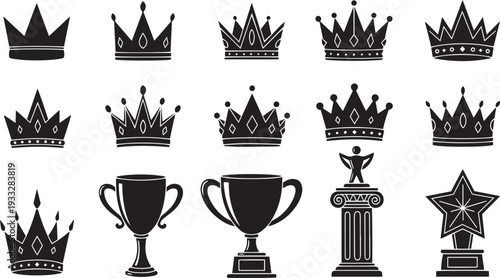 A collection of various trophies and crowns showcasing victory and achievement Vector, illustration