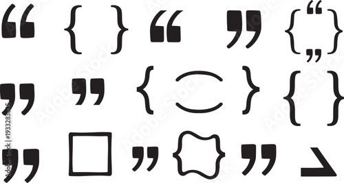 A collection of various quotation marks and symbols in a black and white image Vector, illustration
