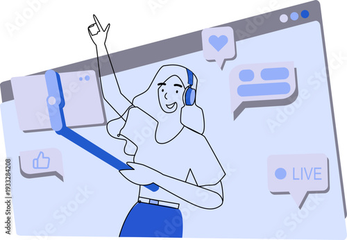 Live streaming content creator with selfie stick and headphones. Social media influencer minimal line art vector illustration made for web UI, apps, banners, posters, cards etc.