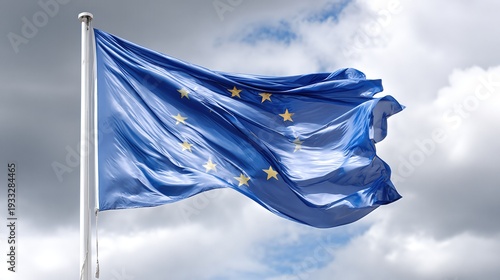 European Union Flag Waving Against a Gray Sky During a Cloudy Day