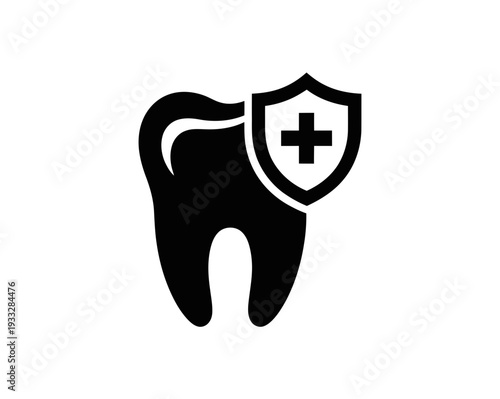 A black and white vector graphic of a tooth with a shield and cross symbolizing dental health and protection