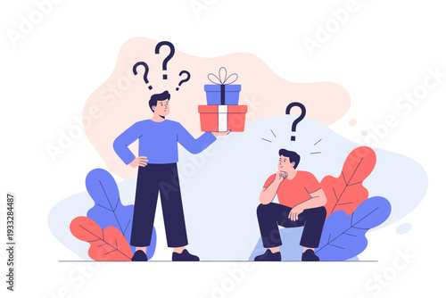 A vector graphic illustration of two men with question marks thinking about a gift