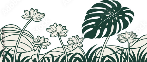 Vintage summer garden nature pattern with a seamless vector illustration of grass and flowers featuring elegant floral rose blossoms, spring branches, and green leaf drawings in a sketch art design.