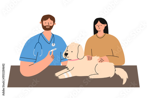 Veterinarian giving vaccination to dog while owner supports the pet. Pet clinic appointment illustration for veterinary care, animal health services, medical design. Flat vector illustration.