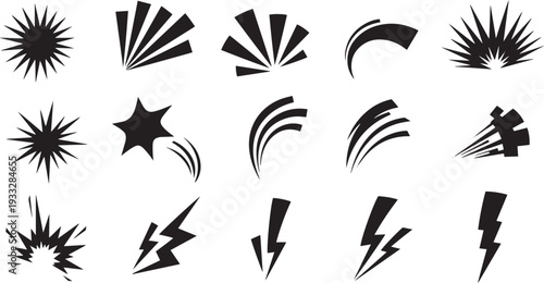 A collection of diverse and dynamic burst and splash icons in black and white. Vector, illustration